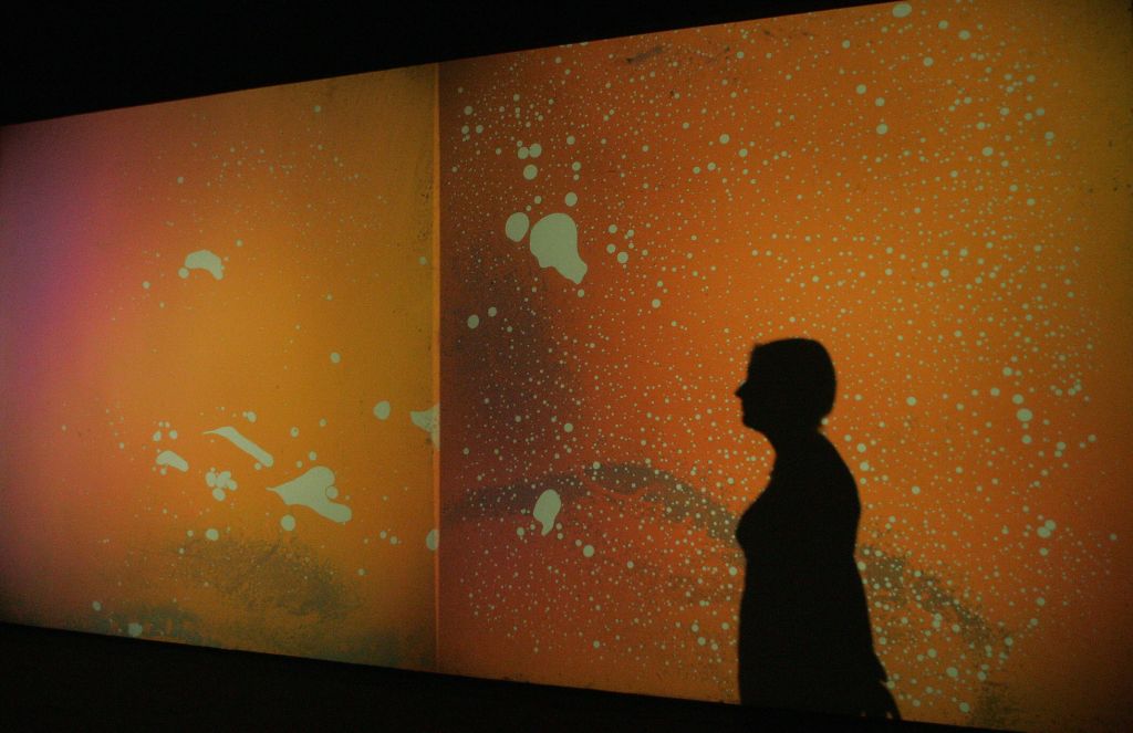 The shadow of a woman is cast on a work