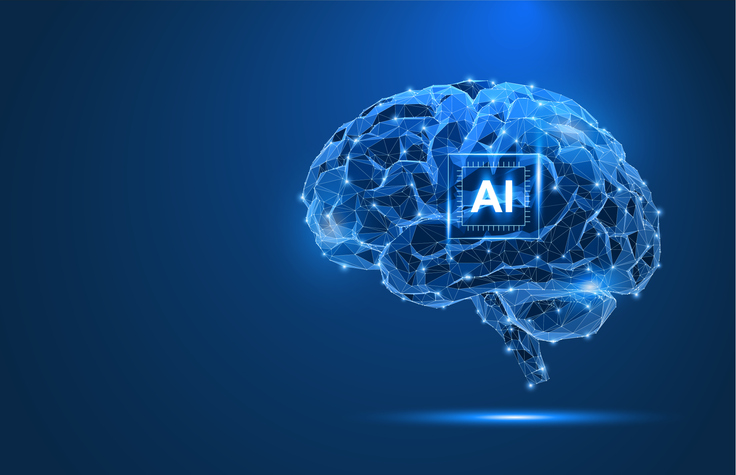 Futuristic AI brain with chip, processor, and circuit in polygon vector design. Abstract technology background. Data, digital intelligence, machine learning, robot, and computer network concepts
